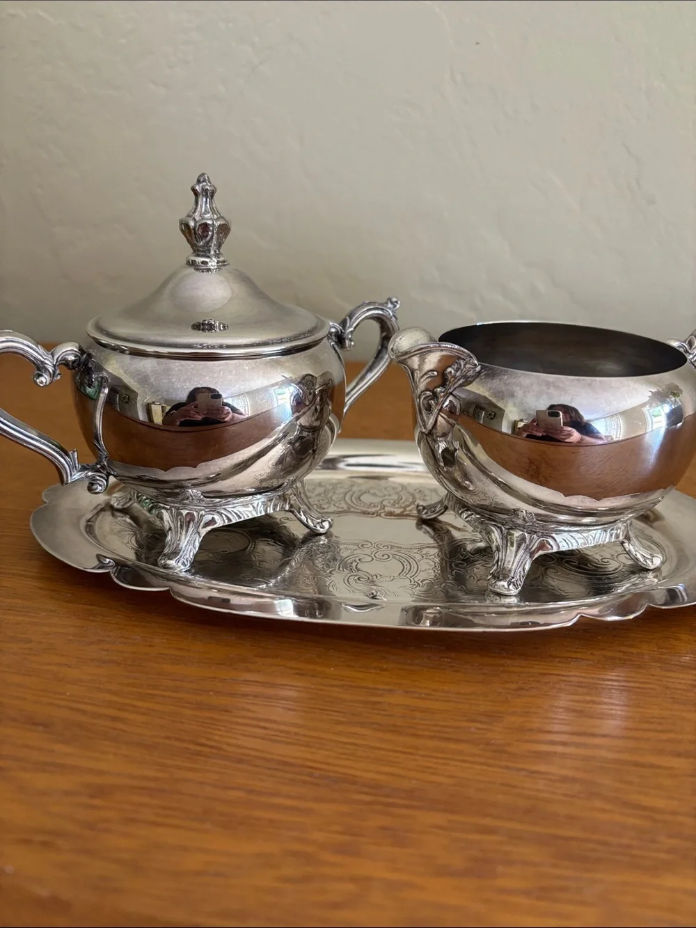 Silver plated Sheridan cream and sugar set with plate server